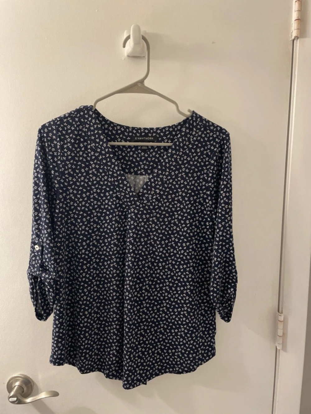 41 Hawthorn Navy Floral V-Neck Roll-Sleeve Blouse